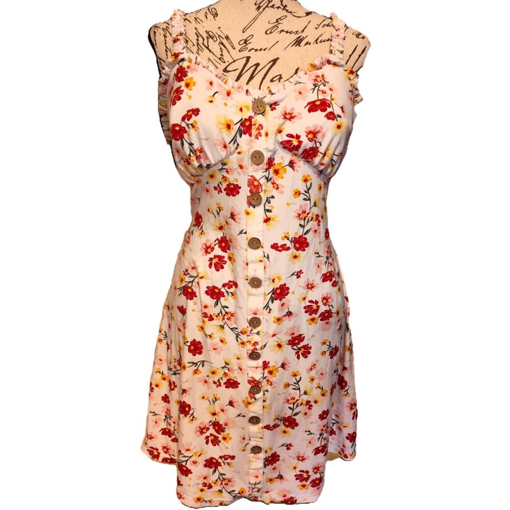 Cottagecore Cream Mini Sundress Floral Print, Sweetheart Neckline Sz L 11-13